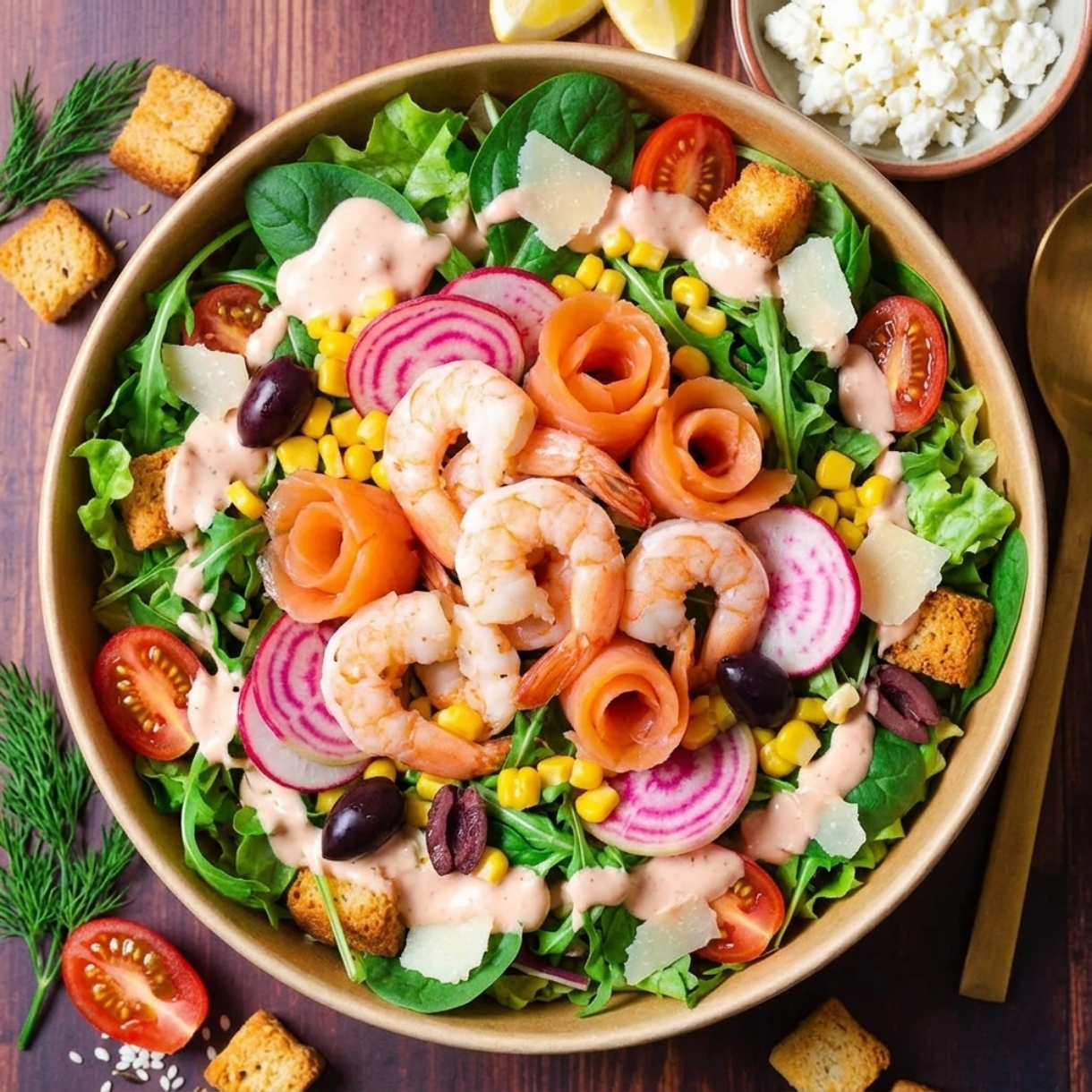 04 Avril : Salade « La Marine » : fraiche et gourmande aux légumes de saison croquants, Crevettes, saumon fumé, sauce cocktail FOOD&FLO®, Comté, jeunes pousses, tomates cerises, olives, maïs, citron, radis, oignons crispy…